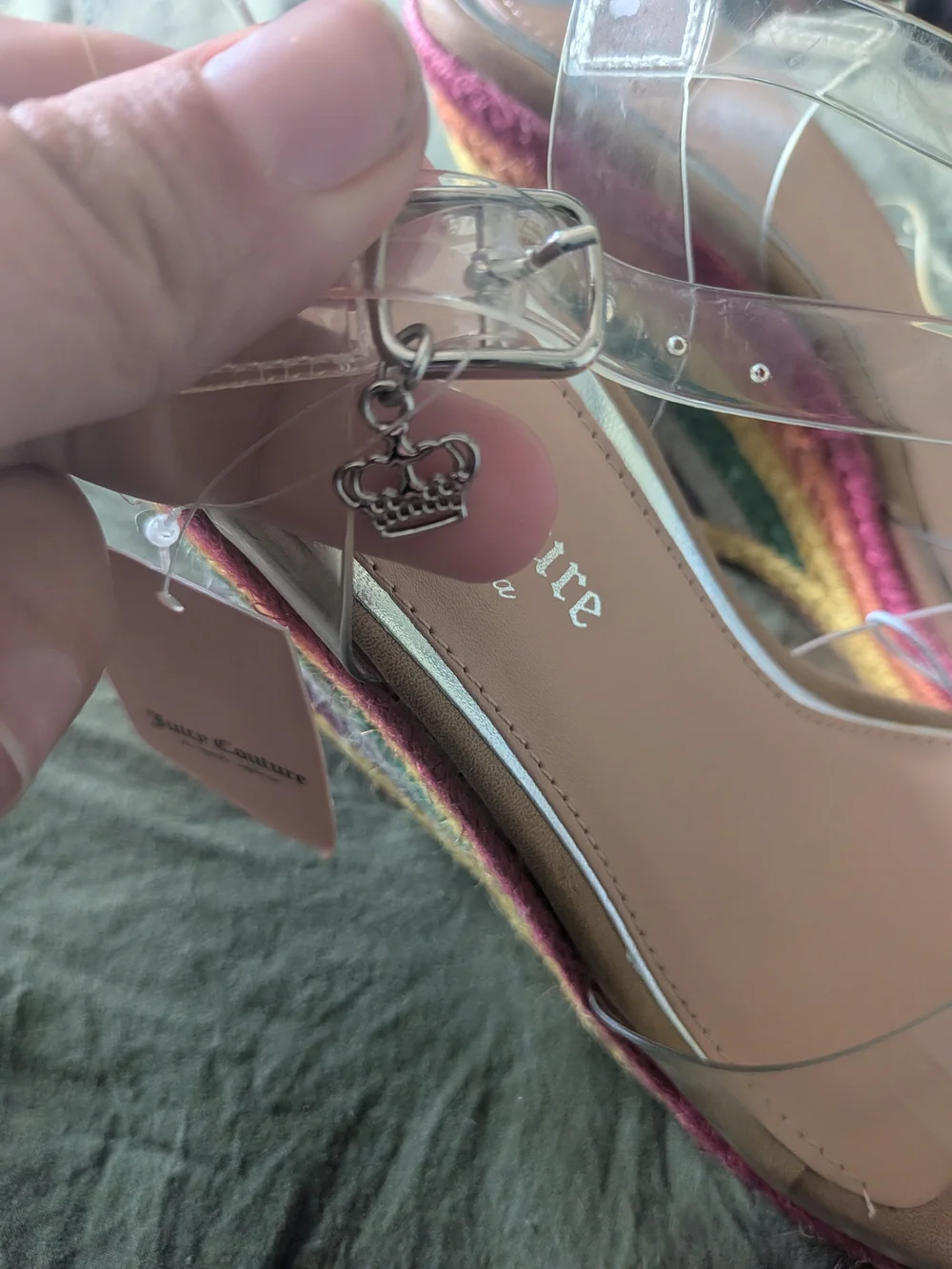 Juicy Couture RAINBOW Jute Wedge Sandals Clear Acrylic Rhinestones Size 7